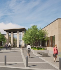 Court of Appeals building with beige and glass panels. 