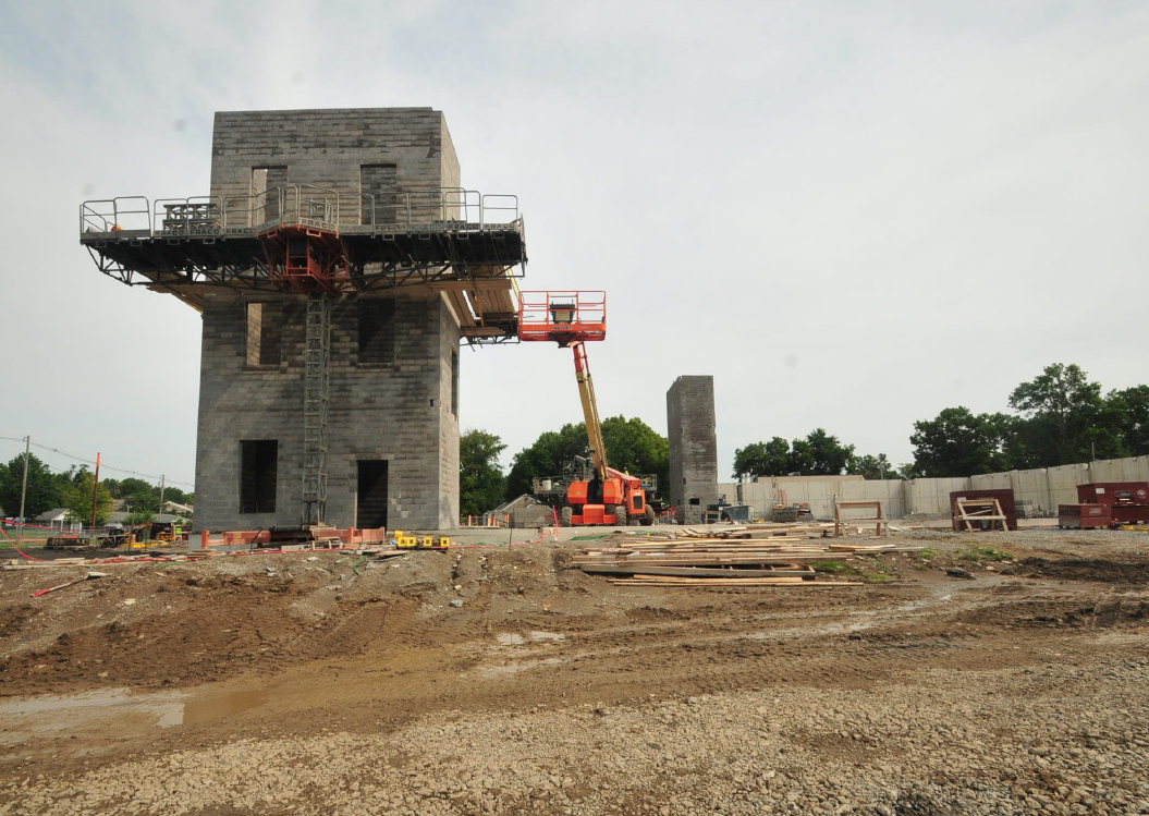 Construction site with a wall being built. 