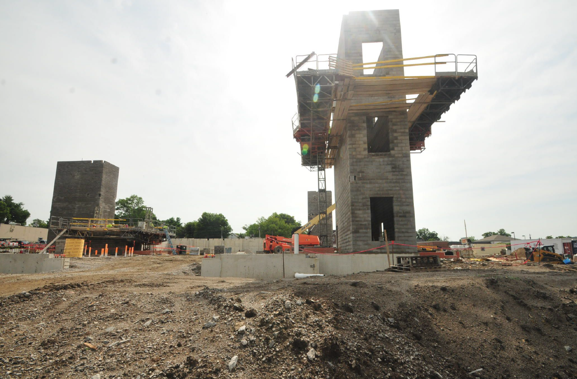 Construction site with two walls being built. 