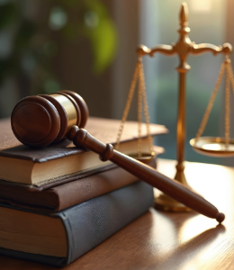 Group of diverse professionals gathered around a wooden table in a meeting, using laptops and tablets. 
