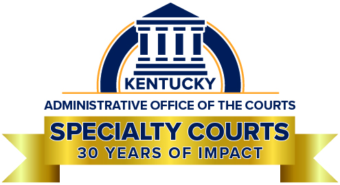Specialty Court Logo, design features a gavel striking a sound block above an ornate column, symbolizing law and justice. 